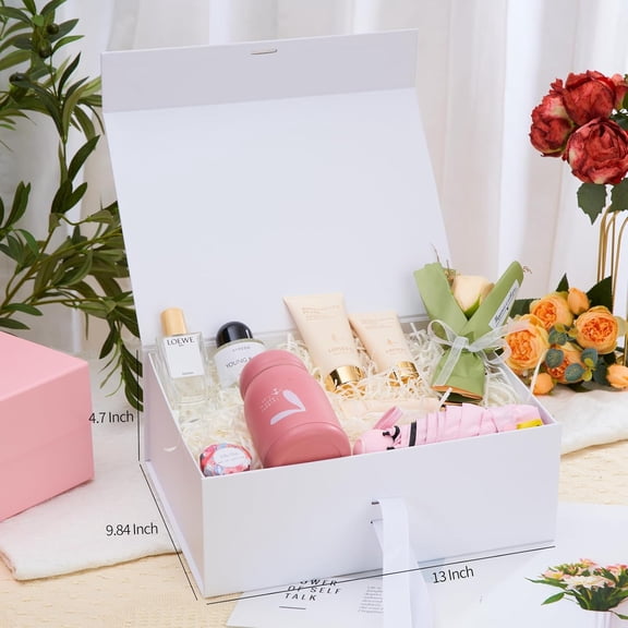 UYGDUY-White Gift Box 13"x10"x4.7" with Lid, Luxury Gift Box with Ribbon, Collapsible Large Gift Boxes for Presents Packaging, Easy Assemble for Bridesmaid Proposal, Wedding, Party Favors (White)