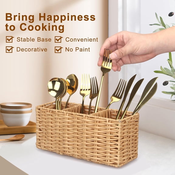 UYGDUY-Wicker Flatware Silverware Caddy Cutlery Holder Kitchen Silverware Organizer Storage for Countertop Small Utensil Holders Party Table Spoon Knives Fork Holder Flatware Utensils Caddy Basket