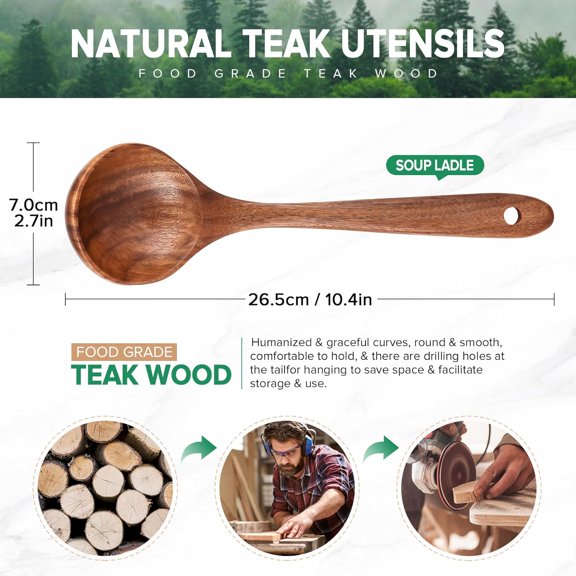 UYGDUY-Wooden Soup Spoon for Cooking, Teak Acacia Soup Ladle, Non-Toxic Natural Wood Serving Spoon for Gravy Sauce Porridge, Long Handle Deep Scooper Server Utensil, No-Scratch Cookware Surface,10.6
