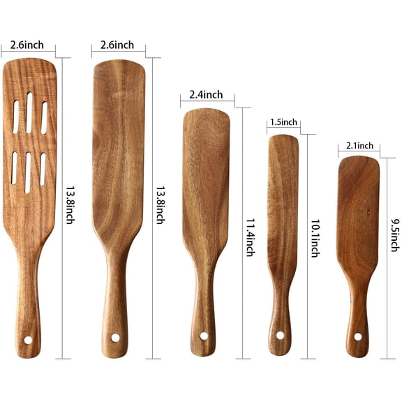 UYGDUY-Wooden Spurtle Set for Cooking, 6 Pcs Natural Teak Spurtles Set with Stainless Steel Storage Barrel, Wood Kitchen Utensils Tools