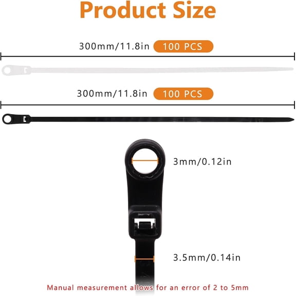 UYGDUY-Zip Ties with Screw Hole, Plastic Self Locking Screw Mount Wire Ties for Indoor & Outdoor Black+White (12 Inch, 200Pcs)