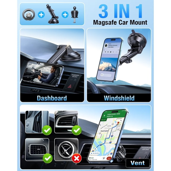UYGDUY-for MagSafe Car MountStrongest Magnet Magnetic Phone Holders for Your Car Dashboard Wind Vent Cell Phone Holder360 Rotation Suction Car Mount for iPhone 16 15 14 13 12