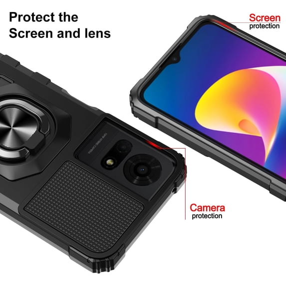 UYGDUY-for TCL K24/TCL K23/TCL 50 LE Phone Case with Tempered Glass Screen Protector,Military Grade Heavy Duty Shockproof Protective Cover,with Ring Kickstand (TCL K24, Black)