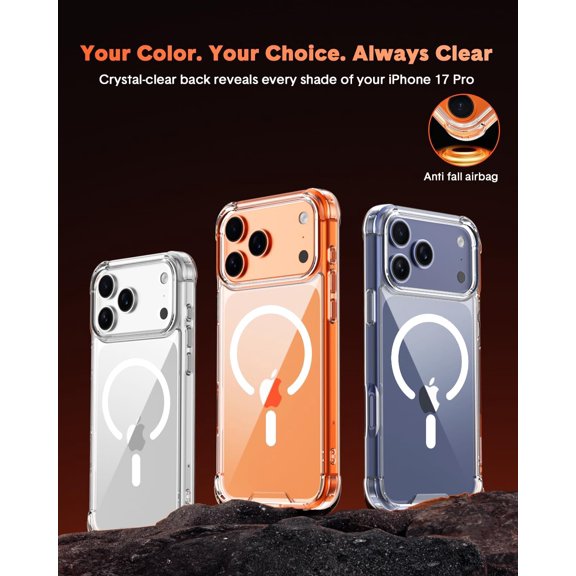 UYGDUY-for iPhone 17 Pro Case with Tempered Glass Screen Protector & Lens Protector, Compatible with MagSafe, Military-Grade 4-Corner Shockproof, Magnetic & Anti-Yellowing Clear Case