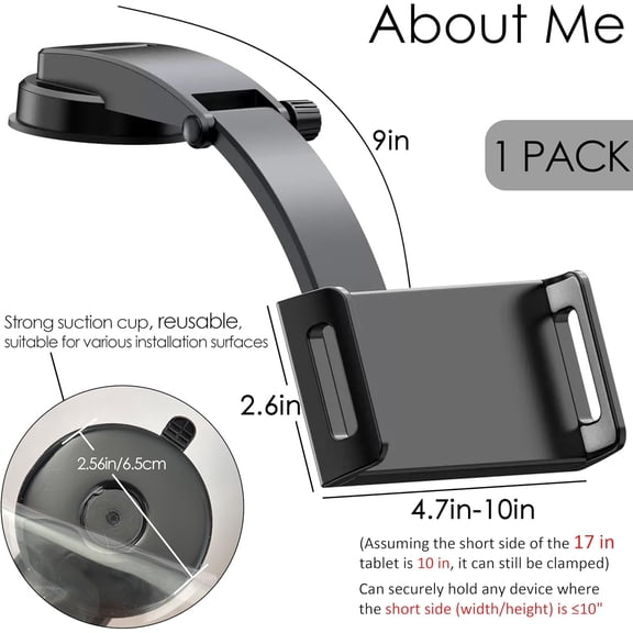 UYGDUY-iPad Holder for Car, Dashboard Tablet Holder with Strong Suction Cup, Tablet Mount with Large Clamp for Most Tablets and Phones, for Driver & Front Passenger, Adjustable, Upgrade (Black)