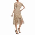 thumbnail image 1 of UYISJ 1920s Dresses for Women Flapper Dress Gatsby Dresses Vintage Roaring 20's Sequins Beaded Dress with Short Sleeves Beige L, 1 of 6