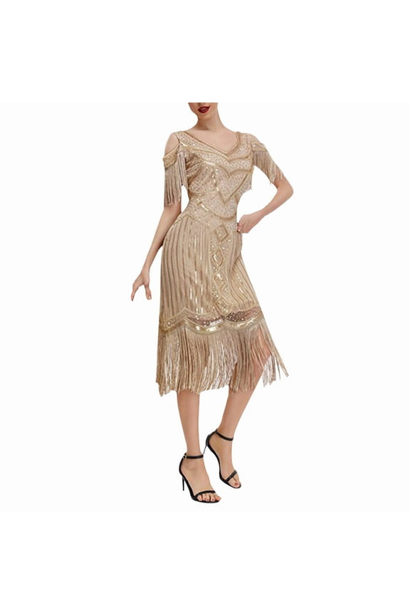 1920s Dresses for Women Flapper Dress Gatsby Dresses Vintage Roaring 20's Sequins Beaded Dress with Short Sleeves Beige L