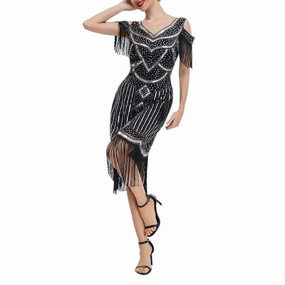 UYISJ 1920s Dresses for Women Flapper Dress Gatsby Dresses Vintage Roaring 20's Sequins Beaded Dress with Short Sleeves Silver S