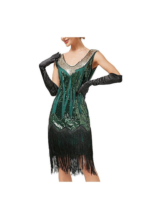 1920s Dresses for Women Flapper Dress Gatsby Dresses Vintage Roaring 20's Sequins Tassel Beaded Sleeveless Dress Army GreenS