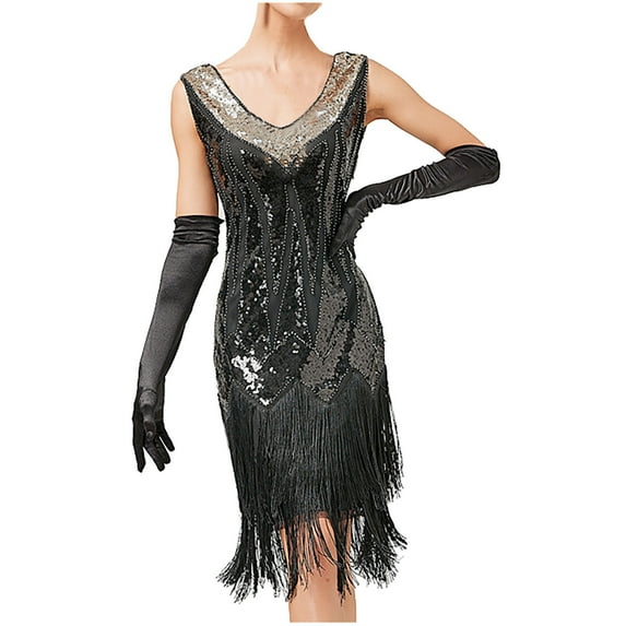 UYISJ 1920s Dresses for Women Flapper Dress Gatsby Dresses Vintage Roaring 20's Sequins Tassel Beaded Sleeveless Dress BlackM