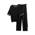 thumbnail image 1 of UYISJ 2 Piece Outfits for Women Casual Ribbed Knitted Loose Fit Short Sleeve Top and Solid Color Wide Leg Pants Casual Dressy Loose Fit Outfits, 1 of 3