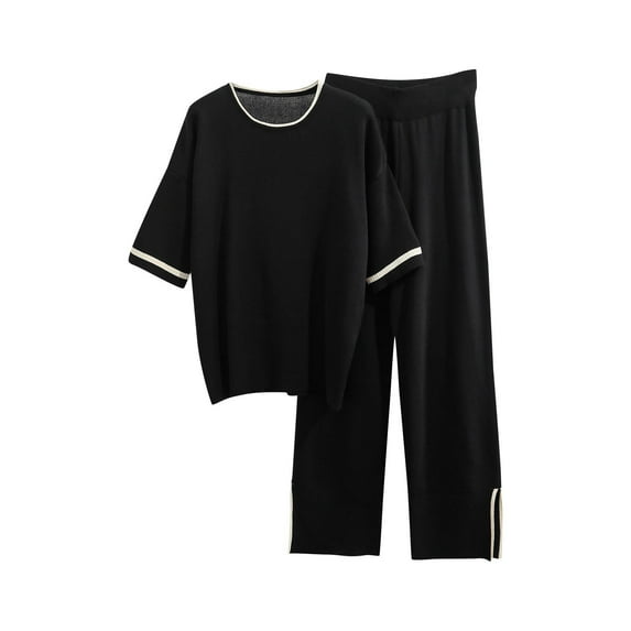 UYISJ 2 Piece Outfits for Women Casual Ribbed Knitted Loose Fit Short Sleeve Top and Solid Color Wide Leg Pants Casual Dressy Loose Fit Outfits