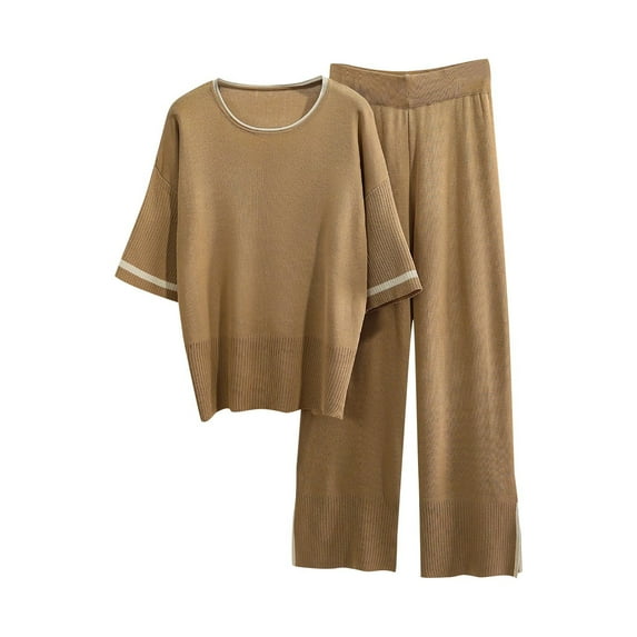 UYISJ 2 Piece Outfits for Women Casual Ribbed Knitted Loose Fit Short Sleeve Top and Solid Color Wide Leg Pants Casual Dressy Loose Fit Outfits