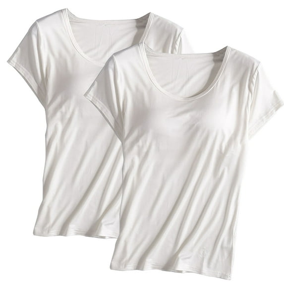 UYISJ 2PC Built in Bra Tops for Women Plus Size Short Sleeve Tshirt Workout Sports Yoga T Shirt with Shelf Bra Pajama Top White XXL
