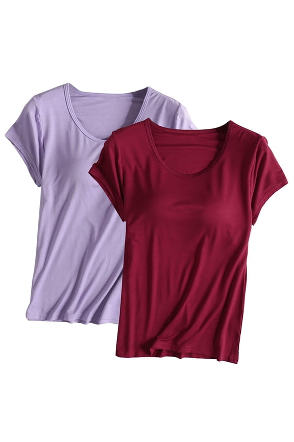 2PC Women's Padded Built in Bra T Shirts Short Sleeve Crew Neck Wireless Bra Tops Tee Casual Plus Size Basic Blouses
