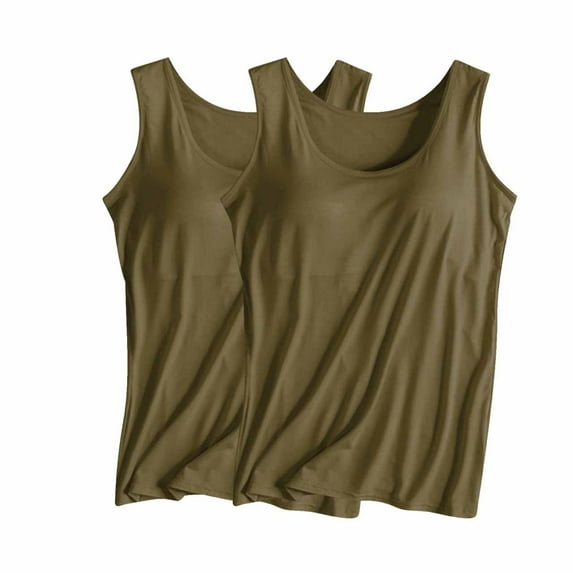 UYISJ 2PC Women's Padded Built in Bra Tank Tops Solid Color Sleeveless Crew Neck Wireless Bra Tops Tee Casual Plus Size Basic Blouses