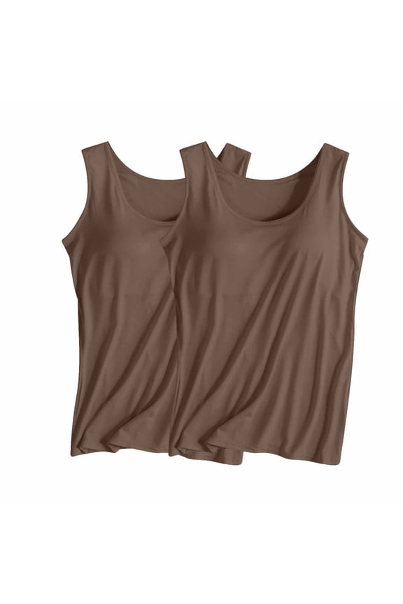 2PC Women's Padded Built in Bra Tank Tops Solid Color Sleeveless Crew Neck Wireless Bra Tops Tee Casual Plus Size Basic Blouses