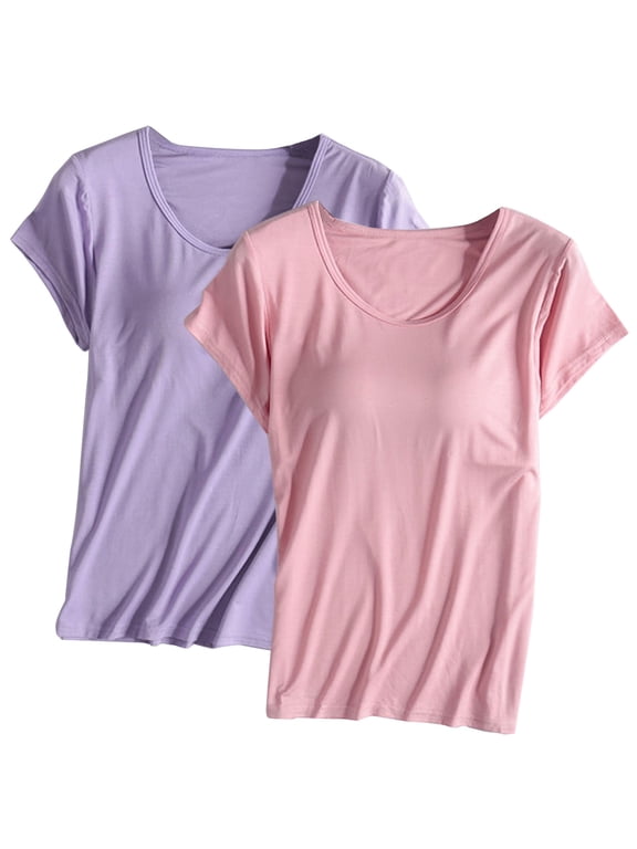 2PC Women's Soft Modal T Shirt with Buil in Bra Padded Active Tee Shirts Short Sleeves Shelf Bra Comfy Athletic Shirts
