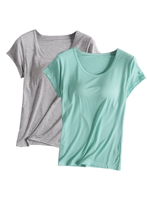 2PC Women's Soft Modal T Shirt with Buil in Bra Padded Active Tee Shirts Short Sleeves Shelf Bra Comfy Athletic Shirts