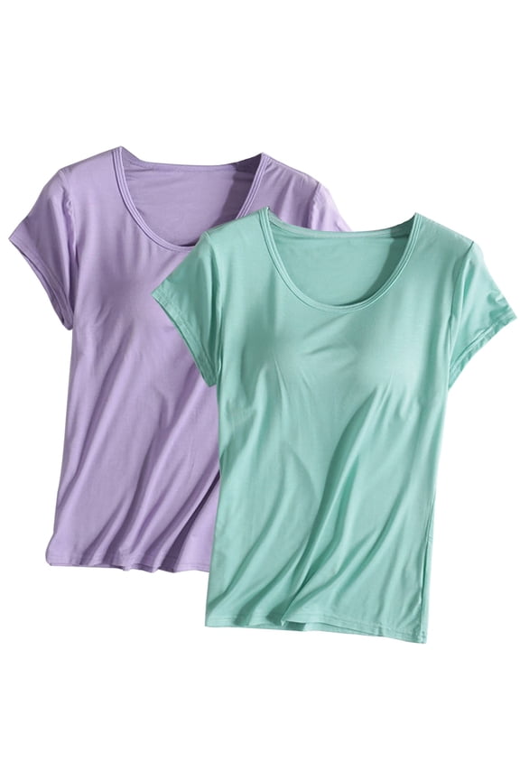 2PC Women's Soft Modal T Shirt with Buil in Bra Padded Active Tee Shirts Short Sleeves Shelf Bra Comfy Athletic Shirts