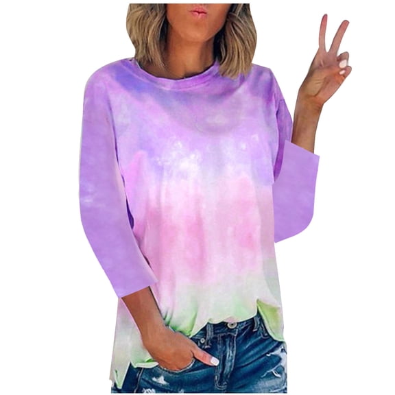 UYISJ 3/4 Sleeve Tops for Women Tie Dye Cute Tees Shirt Crewneck Side Split Casual Loose Fit Blouse