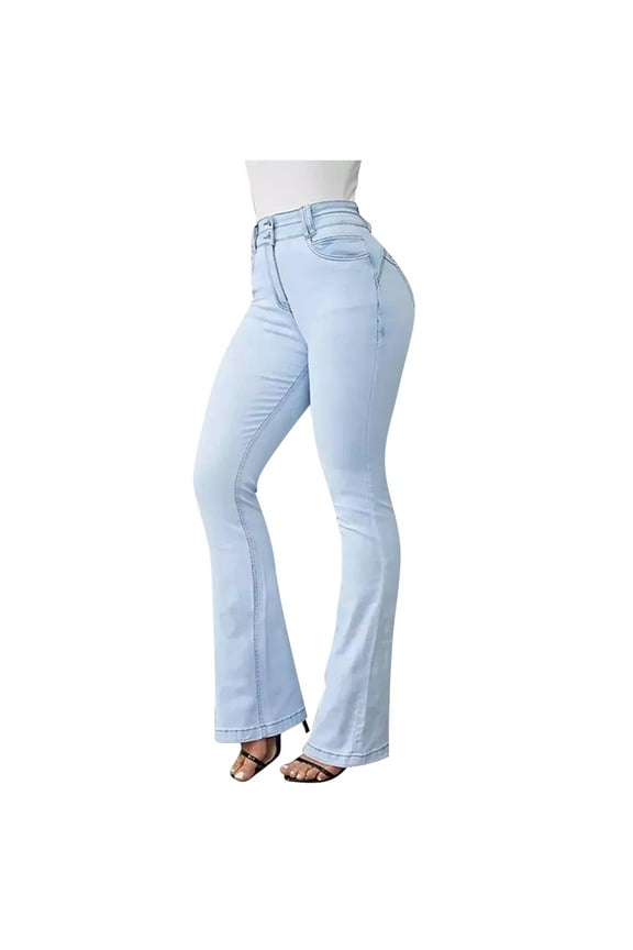 Bell Bottom Jeans for Women High Waisted Classic Flared Denim Pants Stretch Curvy Flare Leg Tummy Control Wide Leg Trousers Light Blue L
