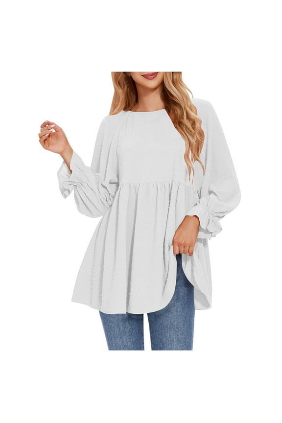 Blouse for Women Ruffle Hem Peplum Tops Lantern Sleeve Crewneck Raglan Shirts Loose Casual Swiss Dot Flowy Shirt M