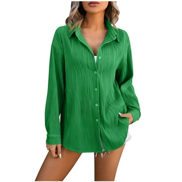 UYISJ Button Down Shirts for Women Casual Stretchy Long Sleeve Loose Fit Solid Color Dress Shirt Textured Tops Blouse Green XXL