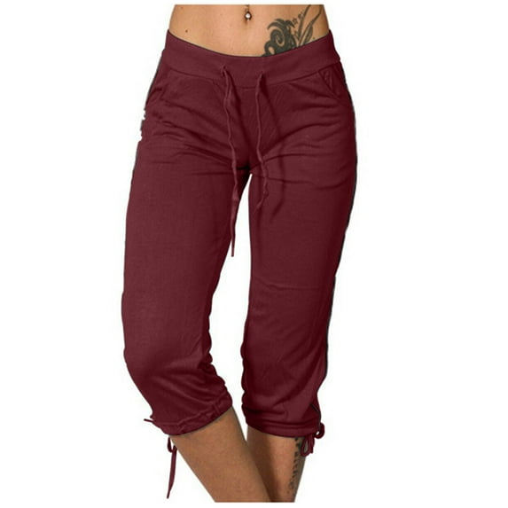 UYISJ Capri Pants for Women Casual Summer Cropped Jogger Sweatpants Drawstring Capris Trousers Yoga Solid Color Sports Leggings Plus Size Wine M