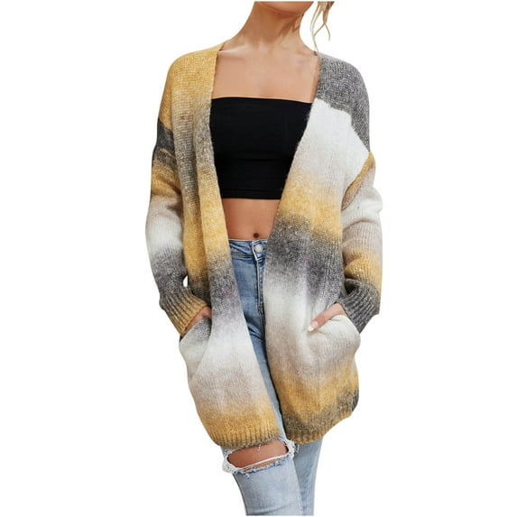 UYISJ Cardigan Sweaters for Women Lightweight Color Block Striped Fall Tops Long Sleeve Open Front Cozy Knitted Coat Outerwear Brown S