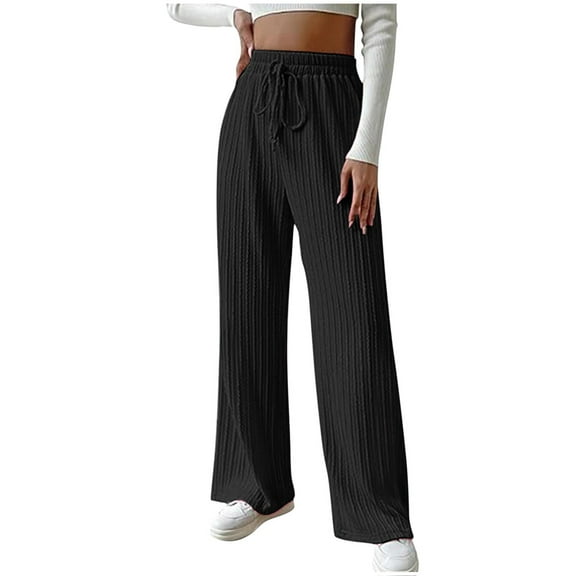 UYISJ Casual Textured Pants for Women Fall Trendy Drawstring Elastic High Waist Palazzo Pants Straight Leg Trousers XXL