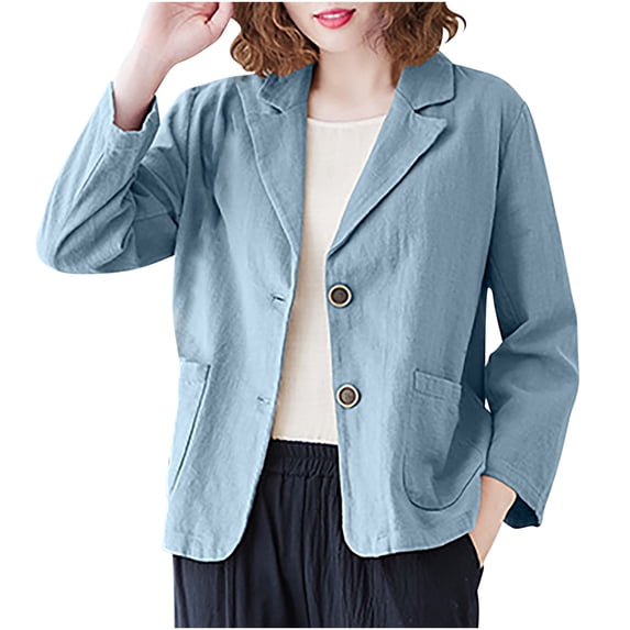 UYISJ Cotton Linen Blazer for Womens Long Sleeve Loose Jackets Casual Collared Button Down Blazer Jackets with Pockets Blue L