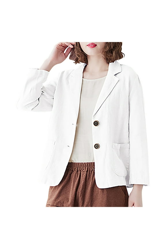 Cotton Linen Blazer for Womens Long Sleeve Loose Jackets Casual Collared Button Down Blazer Jackets with Pockets XXL