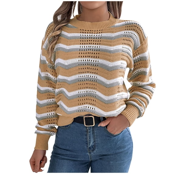 UYISJ Crochet Sweaters for Women Casual Striped Sweaters Loose Hollow Out Knit Pullover Jumper Tops Fall Outfits Khaki S