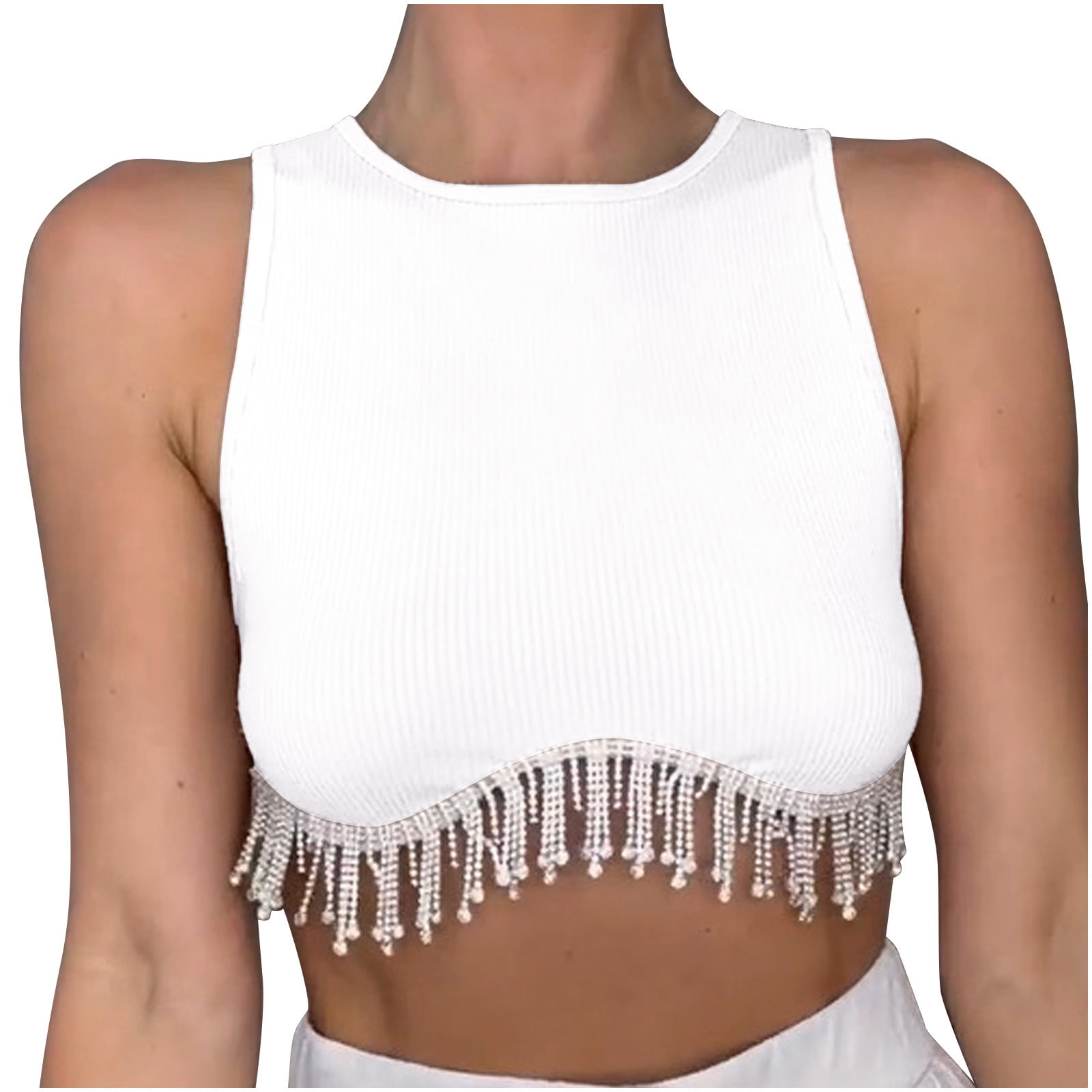 UYISJ Crop Top for Women Crew Neck Sleeveless Fringe Tank Top