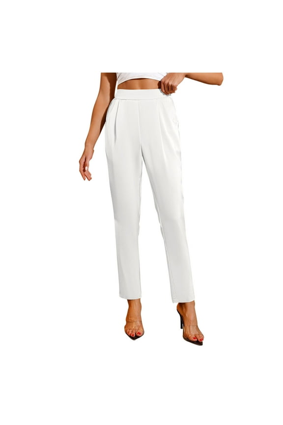 Cropped Pants for Women High Waisted Business Causal Pleated Elastic Waist Cuffed Hem Work Trousers Fall Dress Pants M