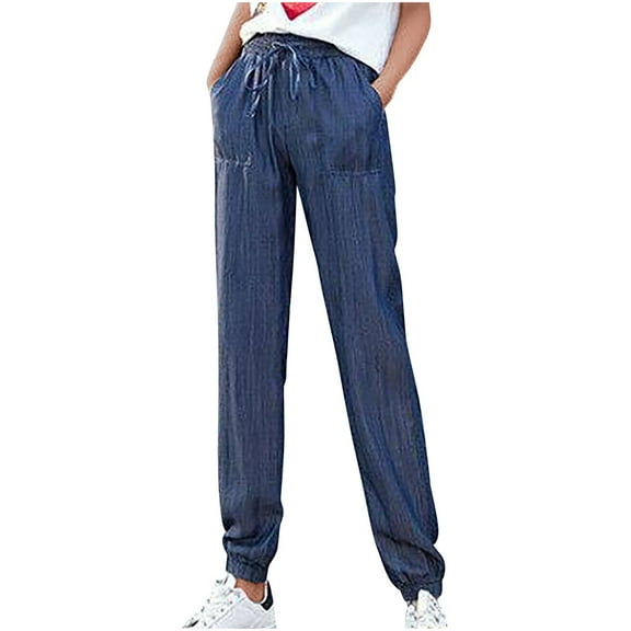 UYISJ Denim Pants for Women Elastic High Waist Jeans Pull On Straight Leg Slacks Casual Solid Color Trousers with Pocket Blue XL