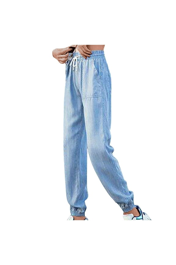 Denim Pants for Women Elastic High Waist Jeans Pull On Straight Leg Slacks Casual Solid Color Trousers with Pocket Light Blue M