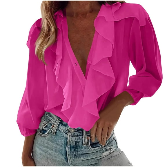 UYISJ Dressy Blouses for Women Lantern Long Sleeve Ruffle Front V Neck Button Down Shirts Business Casual Work Tops Hot Pink XL