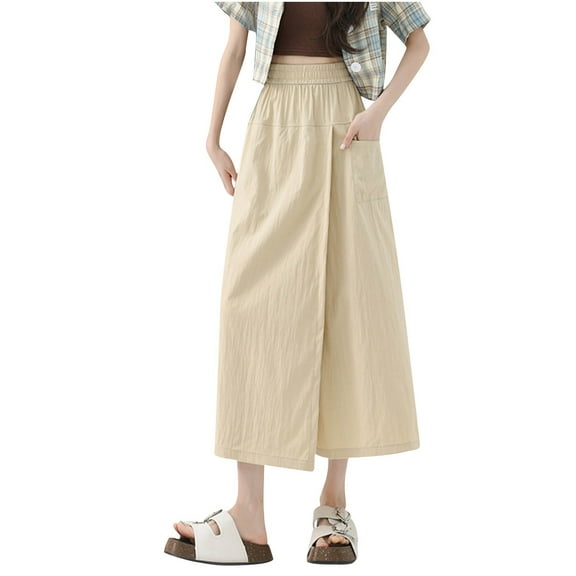 UYISJ Eight Cut Culottes for Women High Waist Wide Leg Pant Skirt Thin Casual Straight Solid Color Pant Skirt with Pockets Khaki XXL