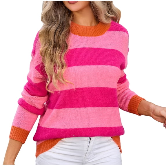 UYISJ Fall Winter Striped Sweaters for Women Long Sleeve Crew Neck Ribbed Knit Regular Fit Casual Pullover Jumper Top Hot Pink M