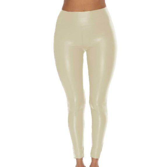 UYISJ Faux Leather Leggings for Women High Waist Skinny Pants for Club Party Stretchy Long Pu Leather Jeggings Tights Trousers Beige M