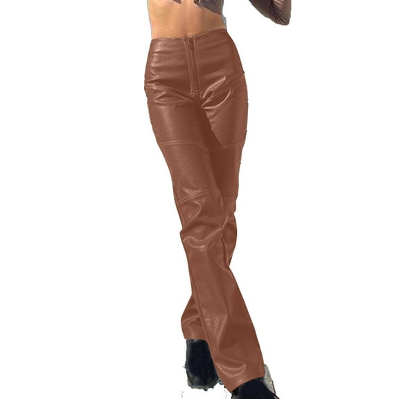 UYISJ Faux Leather Pants for Women High Waist Straight Wide Leg Flare Trousers Leather Open Bottom Pants with Pockets Brown S