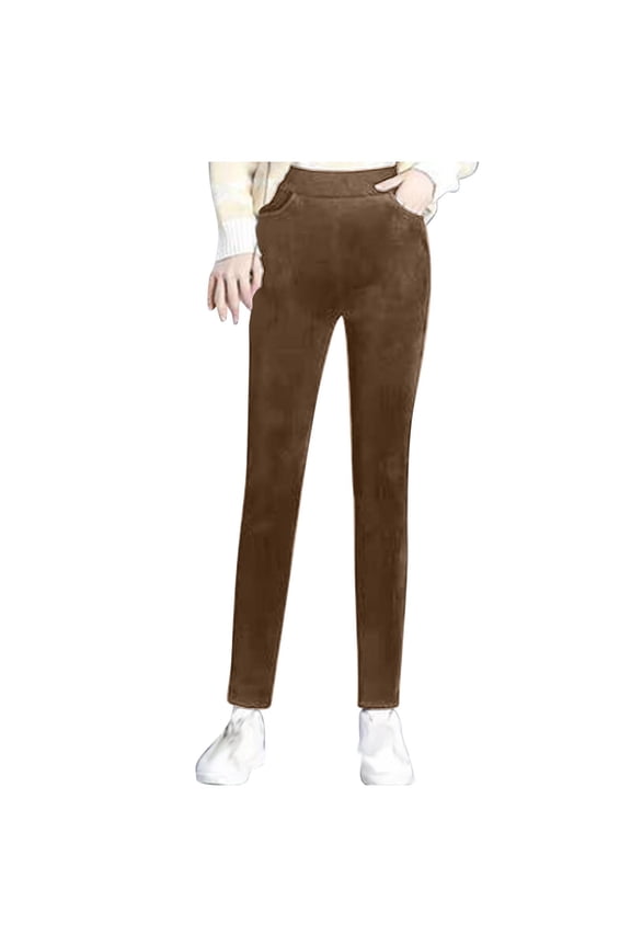Fleece Lined Corduroy Pants for Women's Winter Warm Sweatpants Plush Sherpa Long Trousers Thick Jogger Pants with Pockets Brown M