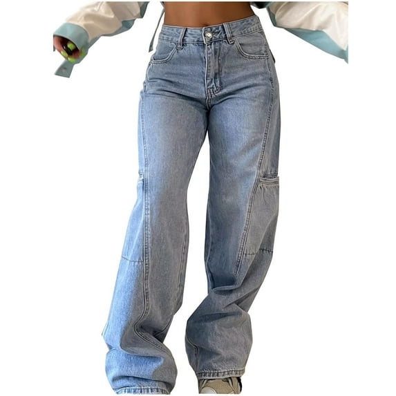 UYISJ High Rise Cargo Jeans for Women Teen Girl Wide Leg Baggy Y2k Boyfriend Jeans Casual Straight Leg Denim Pants Streetwear Trousers 2-Light Blue L