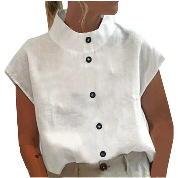 UYISJ Linen Cotton Blouse for Women Crew Neck Cap Sleeve Shirts Button Solid Color Loose Fit Tank Top Casual Camisole
