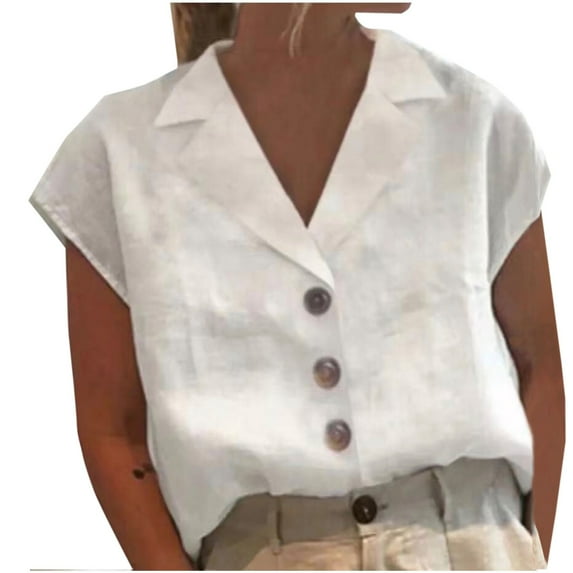 UYISJ Linen Cotton Blouse for Women V Neck Cap Sleeve Shirts Button Solid Color Loose Fit Tank Top Casual Camisole
