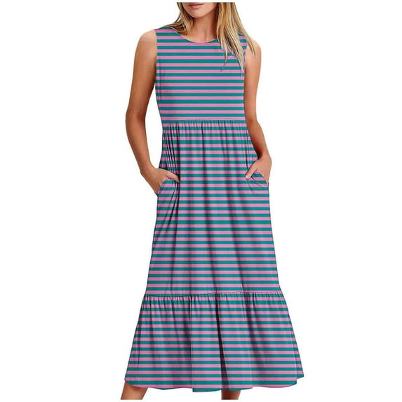 UYISJ Long Dress for Women Casual Summer Maxi Dress Crew Neck Sleeveless Tank dress Tiered Loose Fit Dress Flowy Dress with Pockets