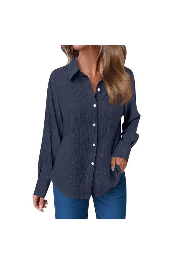 Long Sleeve Button Down Shirts for Women Dressy Textured Collared Blouses Casual Loose Gazue Tunic Tops Trendy Clothes Navy Blue XXL