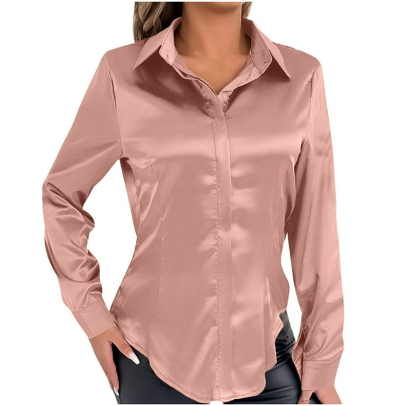 UYISJ Long Sleeve Button Down Shirts for Women Satin Silk Blouse Casual Business Work Office Tops Pink XL